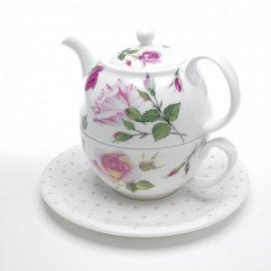 ROY KIRKHAM BONE CHINA | ROSE DU TEMPS TEA FOR ONE TEAPOT WITH CUP & SAUCER